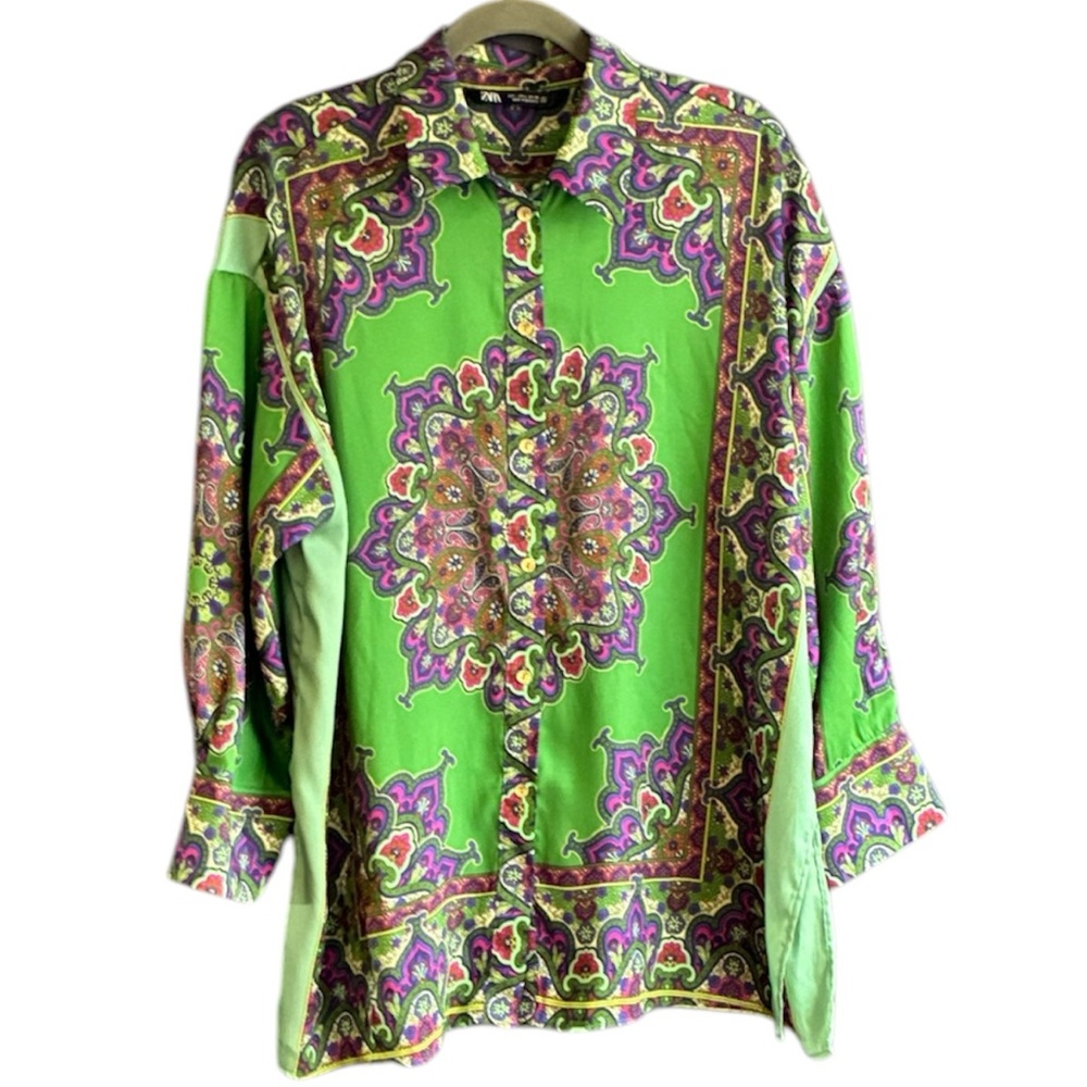 Zara Women Green Paisley-Pattern Button-Down Shirt Blouse size L